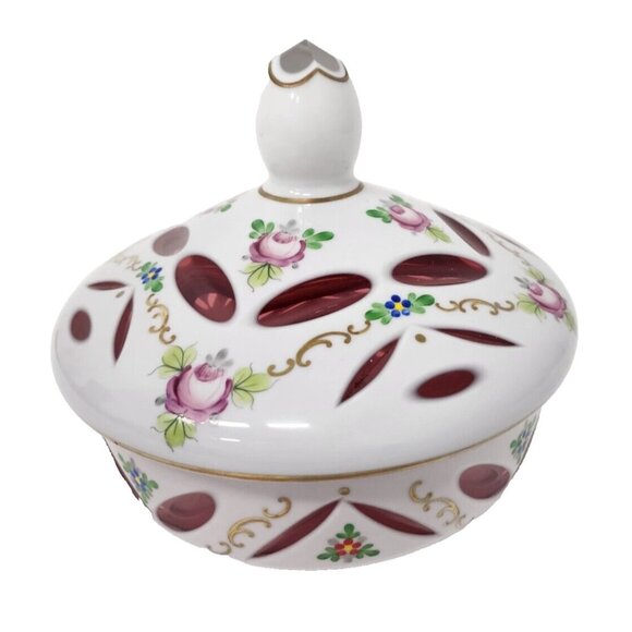 Vintage 19th Century Czech Bohemian Milk Cranberry Glass Candy Dish Bowl Lidded - Picture 1 of 10